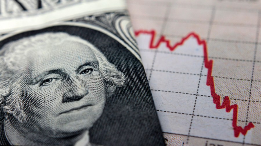 A stock market graph is displayed next to a $1 bill showing President George Washington.