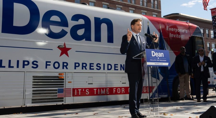 After signing a declaration of candidacy to run for president, Dean Phillips walked out of the New Hampshire Statehouse to address the crowd Friday, Oct. 27, 2023 Concord, Minn. (Glen Stubbe/Star Tribune via AP)