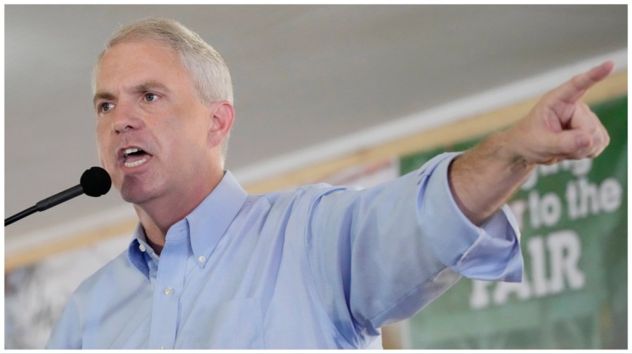 Democrat Brandon Presley, a candidate for governor in November, addresses the crowd at the Neshoba County Fair in Philadelphia, Miss., Thursday, July 27, 2023. Presley is currently one of three public service commissioners. (AP Photo/Rogelio V. Solis)