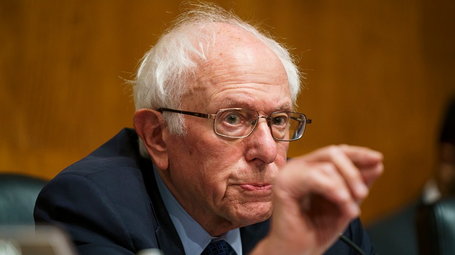 Senator Bernie Sanders gestures while speaking at a congressional hearing.