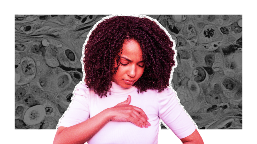 Photo illustration of a Black woman, in pink tones, examining her breast; she has a white chalk outline. The background is a black-and-white photomicrograph of a breast cancer. The illustration has a white border.