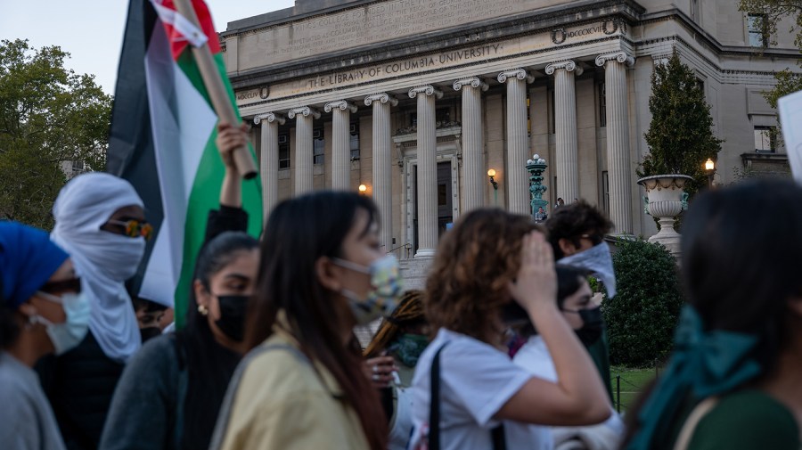 Columbia students participate in a rally in support of Palestine at the university on October 12, 2023 in New York City. A counter rally in support of Israel was also held by students across the lawn. Across the country and around the world, people are holding rallies and vigils for both Palestinians and Israeli's following last weekend's attack by Hamas.