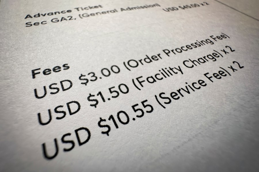 Fees on a concert ticket receipt are shown in this photo taken Wednesday, Nov. 1, 2023, in New York. "Junk fees" are just what they sound like: hidden or misleading charges that increase the total cost of concert tickets, hotel rooms, utility bills and other goods and services. (AP Photo/John Minchillo)