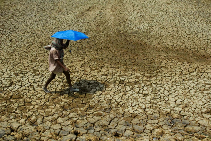 FILE - A villager holding umbrella to protect himself from sun, walks over parched land on the outskirts of Bhubaneswar, India on May 2, 2009. Tense negotiations at the final meeting on a climate-related loss and damages fund — an international fund to help poor countries hit hard by a warming planet — ended Saturday, Nov. 4, 2023, in Abu Dhabi, with participants agreeing that the World Bank would temporarily host the fund for the next four years.(AP Photo/Biswaranjan Rout, File)