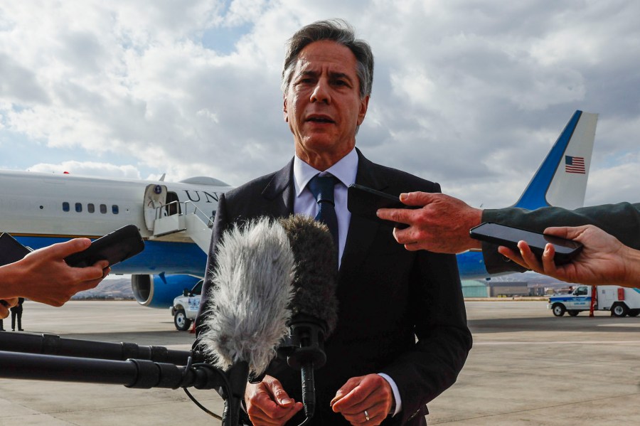 U.S. Secretary of State Antony Blinken speaks to the media about his meetings with Turkish counterparts, before departing from Ankara Esenboga Airport in Ankara, Turkey, Monday Nov. 6, 2023. (Jonathan Ernst/Pool via AP)