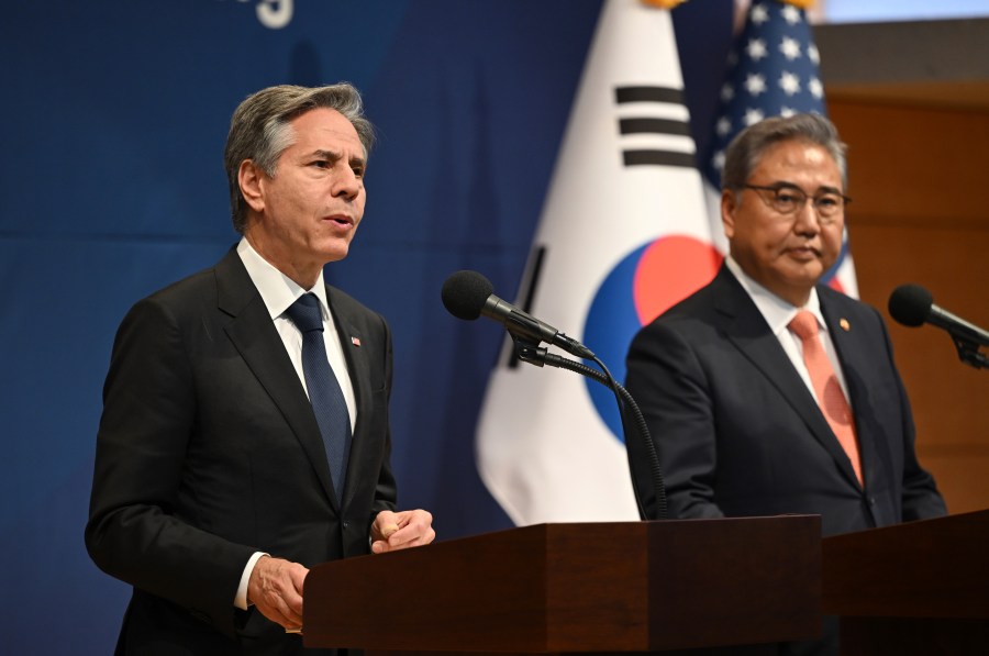 U.S. Secretary of State Antony Blinken, with South Korean Foreign Minister Park Jin, speaks during a joint news conference at the foreign ministry in Seoul, Thursday, Nov. 9, 2023. (Jung Yeon-je/Pool Photo via AP)