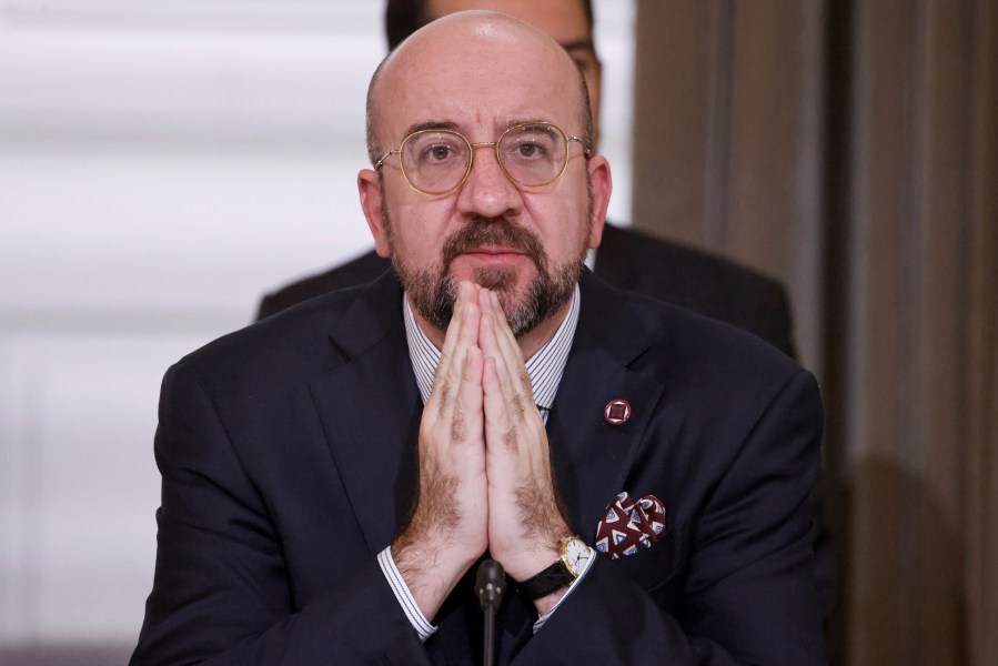 European Council President Charles Michel attends a meeting with officials from Western and Arab nations, the United Nations and nongovernmental organizations at the Elysee Palace, in Paris, Thursday, Nov. 9, 2023. French President Emmanuel Macron has opened a Gaza aid conference with an appeal for Israel to protect civilians, saying that "all lives have equal worth" and that fighting terrorism "can never be carried out without rules." (Ludovic Marin, Pool via AP)