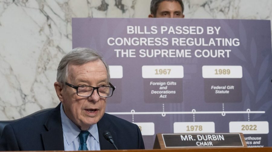 Senate Judiciary Committee chairman Sen. Dick Durbin, D-Ill., speaks during a mark up business meeting of the Senate Judiciary Committee, on Capitol Hill, Thursday, Nov. 9, 2023, in Washington. (AP Photo/Alex Brandon)