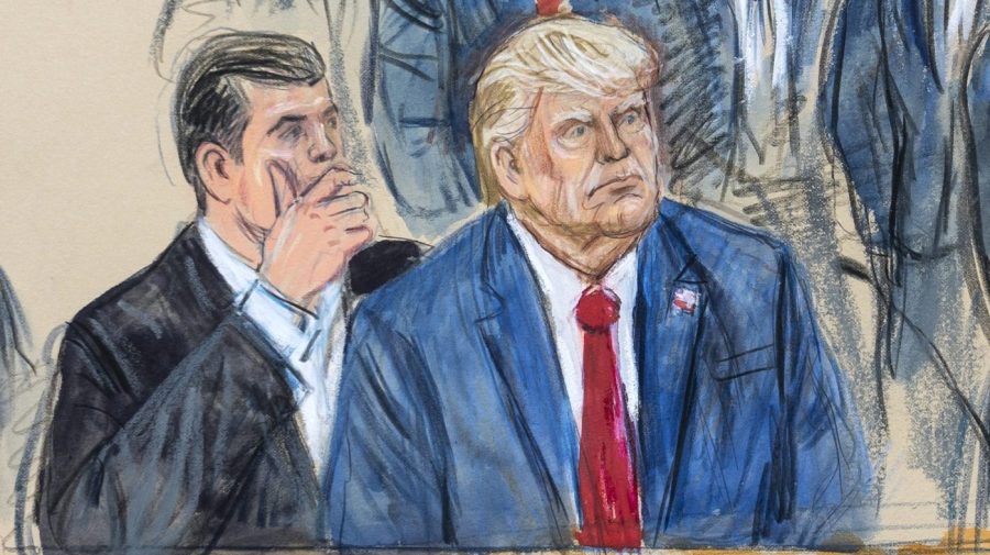 FILE - This artist sketch depicts former President Donald Trump, right, conferring with defense lawyer Todd Blanche, left, during his appearance at the Federal Courthouse in Washington, Aug. 3, 2023. Trump is pushing for his federal election interference trial in Washington to be televised. He's joining media outlets that say the American public should be able to watch the historic case unfold. (Dana Verkouteren via AP, File)