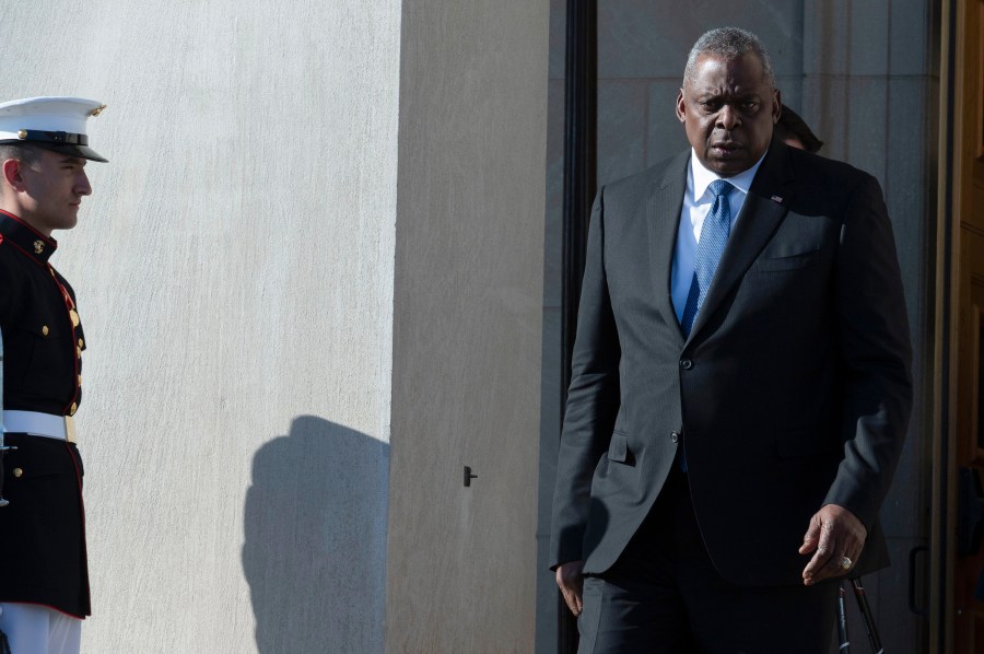 Secretary of Defense Lloyd Austin waits for the arrival of Croatian Defense Minister Mario Banozic to the Pentagon, Thursday, Oct. 19, 2023, in Washington. (AP Photo/Cliff Owen)