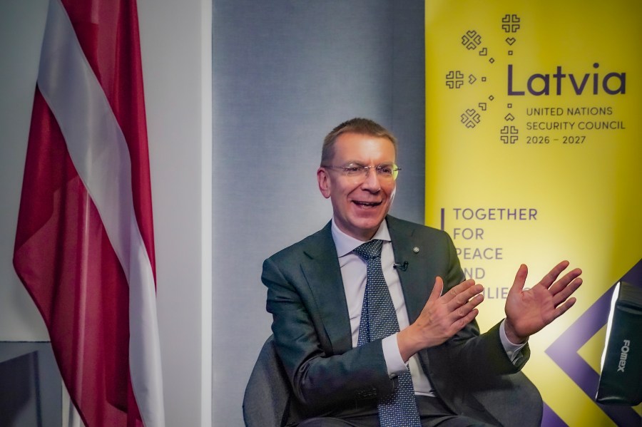 Latvia's President Edgars Rinkēvičs speaks during an interview at Latvia's U.S. Mission, Thursday, Nov. 9, 2023, in New York. (AP Photo/Bebeto Matthews)