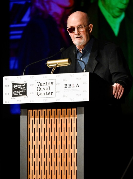 Author Salman Rushdie receives the Vaclav Havel Library Foundation's first ever lifetime achievement disturbing the peace award at the Vaclav Havel Center on Tuesday, Nov. 14, 2023, in New York. (Photo by Evan Agostini/Invision/AP)