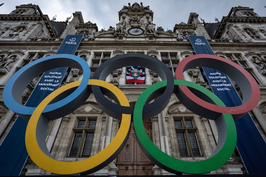 FILE - The Olympic rings in front of the Paris City Hall, in Paris, Sunday, April 30, 2023. France’s military is planning to contribute 15,000 soldiers to the massive security operation for next year's Paris Olympics, it was reported on Thursday, Nov. 23, 2023. (AP Photo/Aurelien Morissard, File)