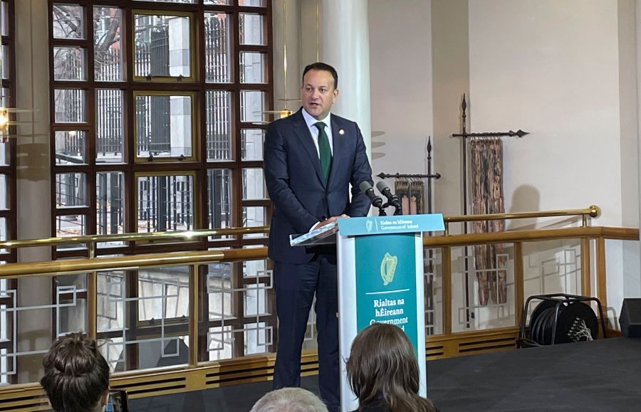 Taoiseach Leo Varadkar speaks at the British-Irish Council to condemn the violence in Dublin City Centre on Thursday night, at Dublin Castle, Friday Nov. 24, 2023. (Gráinne Ní Aodha/PA via AP)