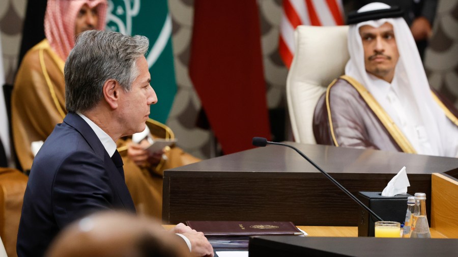 U.S. Secretary of State Antony Blinken attends a meeting with Qatari Foreign Minister Mohammed bin Abdulrahman bin Jassim Al Thani, during a day of meetings about the ongoing conflict between Israel and the Palestinian Islamist group Hamas, in Amman, Jordan, Saturday, Nov. 4, 2023.