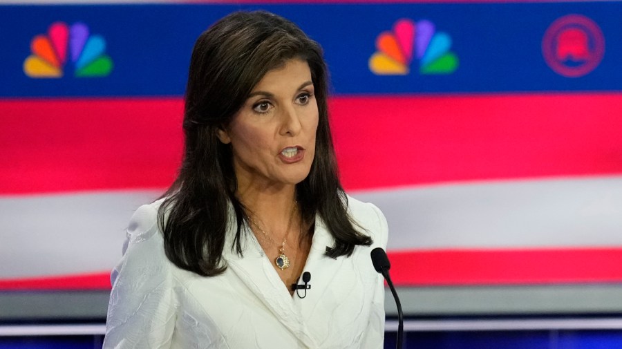 Republican presidential candidate former U.N. Ambassador Nikki Haley speaks during a Republican presidential primary debate hosted by NBC News, Wednesday, Nov. 8, 2023, at the Adrienne Arsht Center for the Performing Arts of Miami-Dade County in Miami.