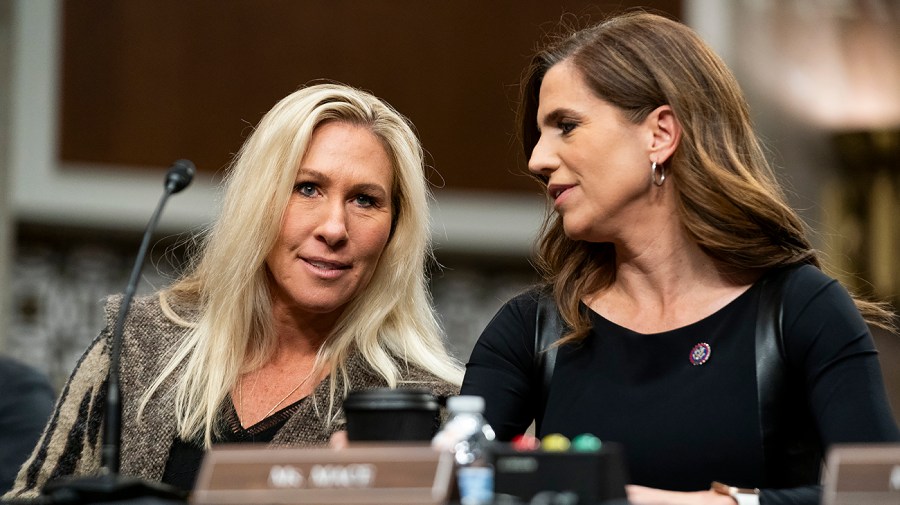 Rep. Marjorie Taylor Greene (R-Ga.) speaks with Rep. Nancy Mace (R-S.C.)