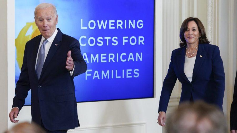 FILE - President Joe Biden and Vice President Kamala Harris arrive for an event on prescription drug costs, in the East Room of the White House, Aug. 29, 2023, in Washington. The Biden administration is putting pharmaceutical companies on notice. It's warning them that if the price of certain drugs is too high, they might allow other companies to make their product. Under the new plan, the government would consider overriding the patent for high-priced drugs that have been developed with the help of taxpayer money. (AP Photo/Evan Vucci, File)