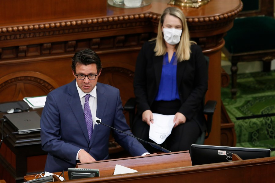 FILE -- Legislative Analyst Gabriel Petek, left, discusses Gov. Gavin Newsom's proposed 2020-21 revised state budget during a hearing the state Capitol in Sacramento, Calif., May 26, 2020. On Thursday, Dec. 7, 2023, Petek said California is facing a $68 billion budget deficit. (AP Photo/Rich Pedroncelli, Pool, File)