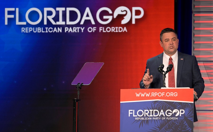 Florida Party of Florida Chairman Christian Ziegler addresses attendees at the Republican Party of Florida Freedom Summit, Nov. 4, 2023, in Kissimmee, Fla. The Republican Party of Florida suspended Ziegler and demanded his resignation during an emergency meeting Sunday, Dec. 17, adding to calls by Gov. Ron DeSantis and other top officials for him to step down as police investigate a rape accusation against him. (AP Photo/Phelan M. Ebenhack)