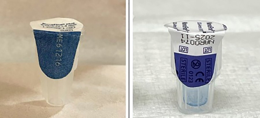 This photo combo provided by the FDA shows an authentic Ozempic needle, left and a counterfeit needle, right. The U.S. Food and Drug Administration said it has seized “thousands of units” of counterfeit Ozempic, the diabetes drug widely used for weight loss, that had been distributed through legitimate drug supply sources. (FDA via AP)