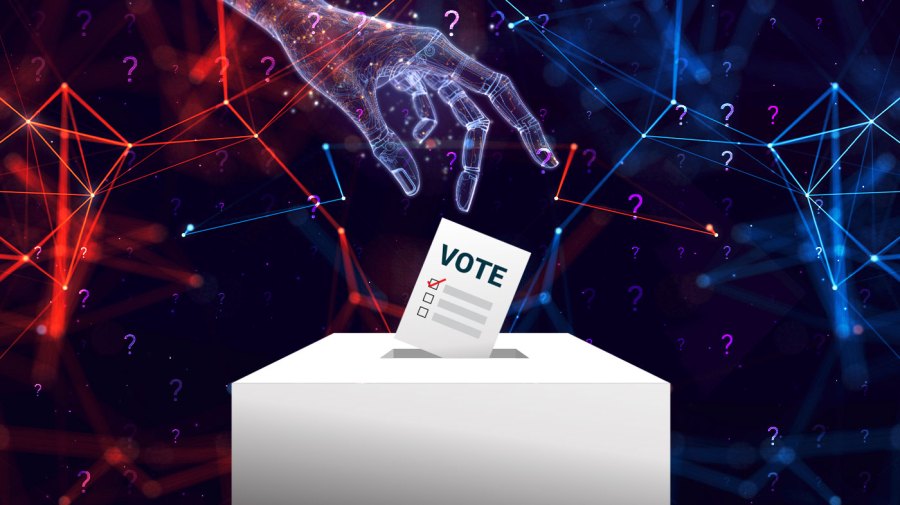 An AI hand is shown casting a ballot with a digitized red and blue background.