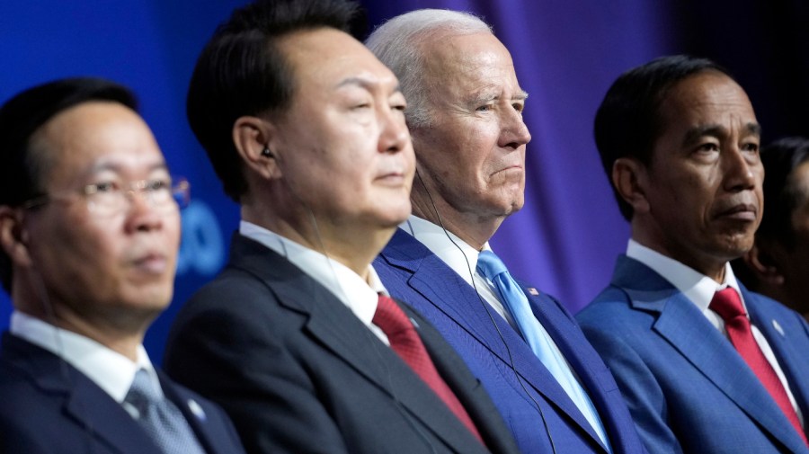 Vietnam's President Vo Van Thuong from left, Japan's Prime Minister Kishida Fumio, President Joe Biden and Indonesia's President Joko Widodo listen after the Indo-Pacific Economic Framework family photo at the Asia-Pacific Economic Cooperation summit, Thursday, Nov. 16, 2023, in San Francisco.