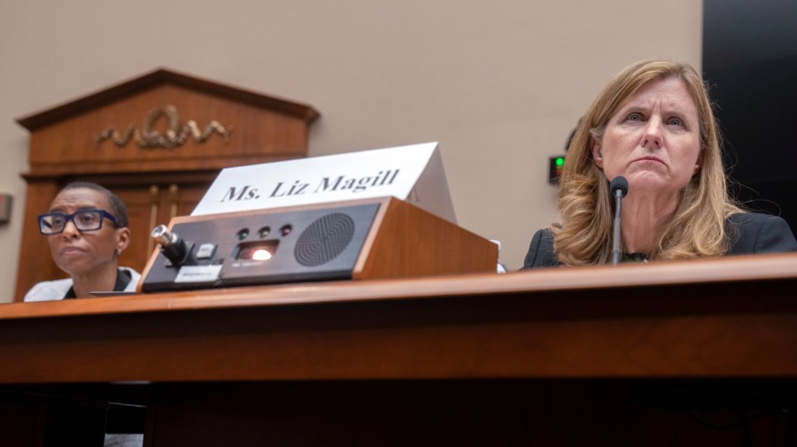 Harvard President Claudine Gay, left, and University of Pennsylvania President Liz Magill listen during a hearing of the House Committee on Education on Capitol Hill, Tuesday, Dec. 5, 2023 in Washington.