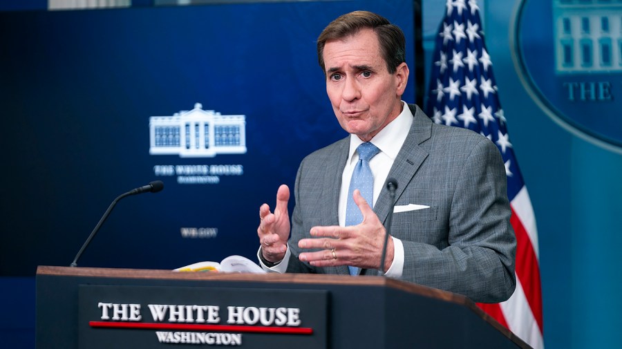 National Security Council spokesperson John Kirby speaks at a press conference.