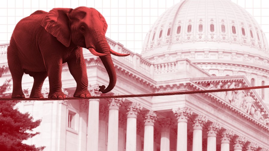 An elephant on a tightrope is superimposed on an image of the Capitol.