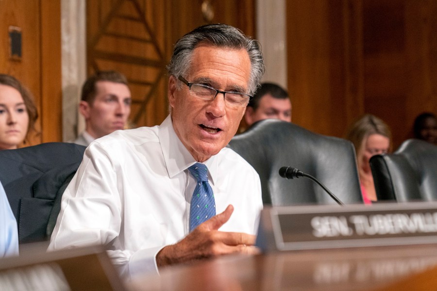 FILE - Sen. Mitt Romney, R-Utah, speaks during a hearing on Capitol Hill, April 20, 2023, in Washington. Republican U.S. Rep. John Curtis and Brent Orrin Hatch, son of the late Republican Sen. Orrin Hatch, jumped into the race Tuesday, Jan. 2, 2024, for the Utah U.S. Senate seat being vacated by Romney. (AP Photo/Alex Brandon, File)