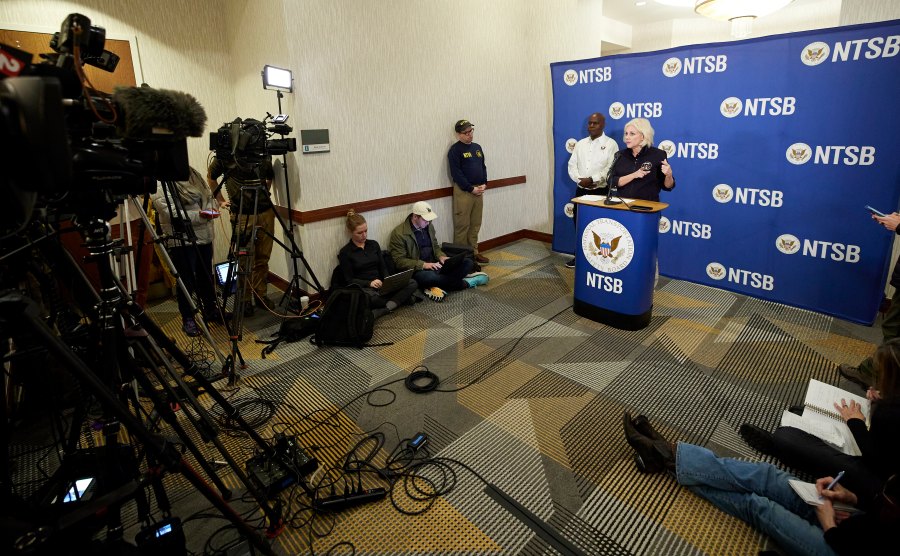 National Transportation Safety Board Chair Jennifer Homendy speaks to the media about the investigation on Alaska Airlines flight 1282 in Portland, Ore., Saturday, Jan. 6, 2024. Federal officials on Saturday ordered the immediate grounding of some Boeing 737 Max 9 jetliners until they are inspected after the Alaska Airlines plane suffered a blowout that left a gaping hole in the side of the fuselage. (AP Photo/Craig Mitchelldyer)