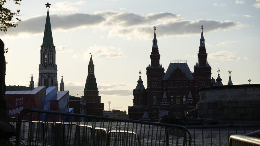 FILE - A view the Red Square with the Historical Museum, right, and the Kremlin Towers in background in Moscow, Russia, on April 29, 2023. (AP Photo/Alexander Zemlianichenko, File)