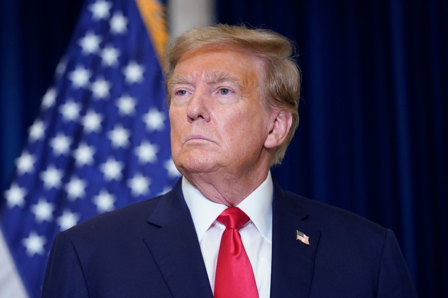 Former President Donald Trump speaks to the media at a Washington hotel, Tuesday, Jan. 9, 2024, after attending a hearing before the D.C. Circuit Court of Appeals at the federal courthouse in Washington. (AP Photo/Susan Walsh)