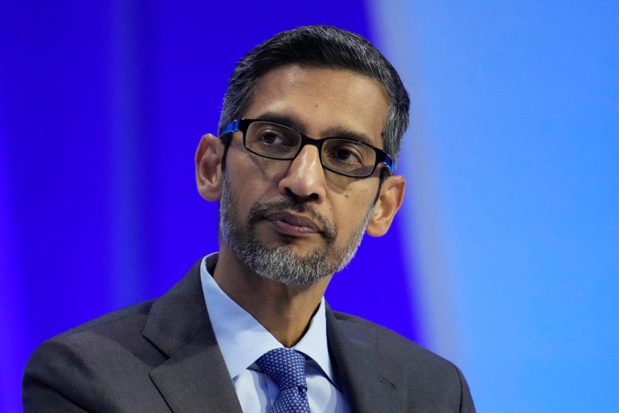 File - Sundar Pichai, CEO of Google and Alphabet, takes part in a discussion at the Asia-Pacific Economic Cooperation (APEC) CEO Summit Nov. 16, 2023, in San Francisco. A legal advisor to the European Union's top court said Thursday that Google should still pay a whopping fine in a long-running antitrust case in which regulators found the company gave its own shopping recommendations an illegal advantage over rivals in search results. (AP Photo/Eric Risberg, File)