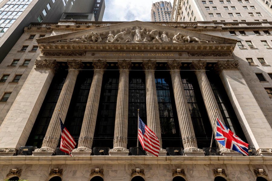 FILE - Statues adorn the facade of the New York Stock Exchange, Tuesday, Sept. 13, 2022, in New York. (AP Photo/Julia Nikhinson, File)