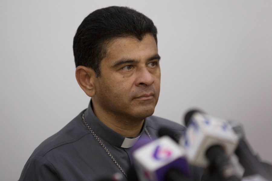 FILE - Rolando Alvarez, bishop of Matagalpa, gives a press conference regarding the Roman Catholic Church's agreeing to act as "mediator and witness" in a national dialogue between members of civil society and the government in Managua, Nicaragua, May 3, 2018. Nicaragua's government released Alvarez, sentenced to 26 years in prison for conspiracy and other crimes, and sent him on a plane to the Vatican, according to the auxiliary bishop of Managua, Monsignor Silvio Baez, on Sunday, Jan. 14, 2024. (AP Photo/Moises Castillo, File)