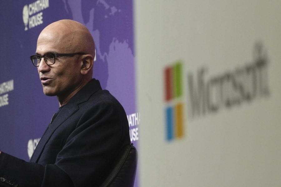 Microsoft CEO Satya Nadella speaks at an event at the Chatham House think tank in London, Monday, Jan. 15, 2024. Nadella was on his way to Davos Switzerland to participate in the World Economic Forum annual meeting where artificial intelligence is shaping up to be a hot topic, with other speakers including Sam Altman of Microsoft - backed OpenAI. (AP Photo/Kin Cheung)