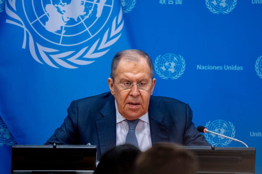 Russia Foreign Minister Sergey Lavrov speaks at a media briefing on Wednesday, Jan. 24, 2024, at United Nations Headquarters. (AP Photo/Peter K. Afriyie)