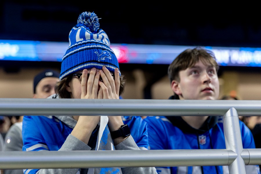 Detroit Lions fans react in the second half at Detroit's Ford Field during a watch party for the NFC Championship NFL football game against the San Francisco 49ers in Santa Clara, Calif., Sunday, Jan. 28, 2024. (Jake May/The Flint Journal via AP)