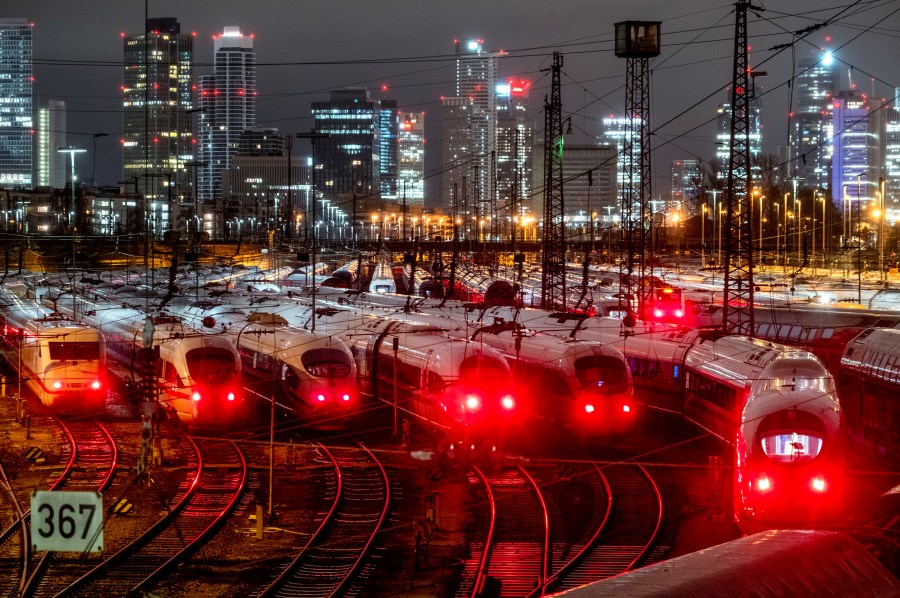 File - Trains are parked outside the central station in Frankfurt, Germany on Jan. 24, 2024 during a planned six-day strike. The International Monetary Fund downgraded the outlook for some countries as Europe continues to struggle with dispirited consumers and the lingering effects of the energy price shock caused by the Russian invasion of Ukraine. (AP Photo/Michael Probst, File)