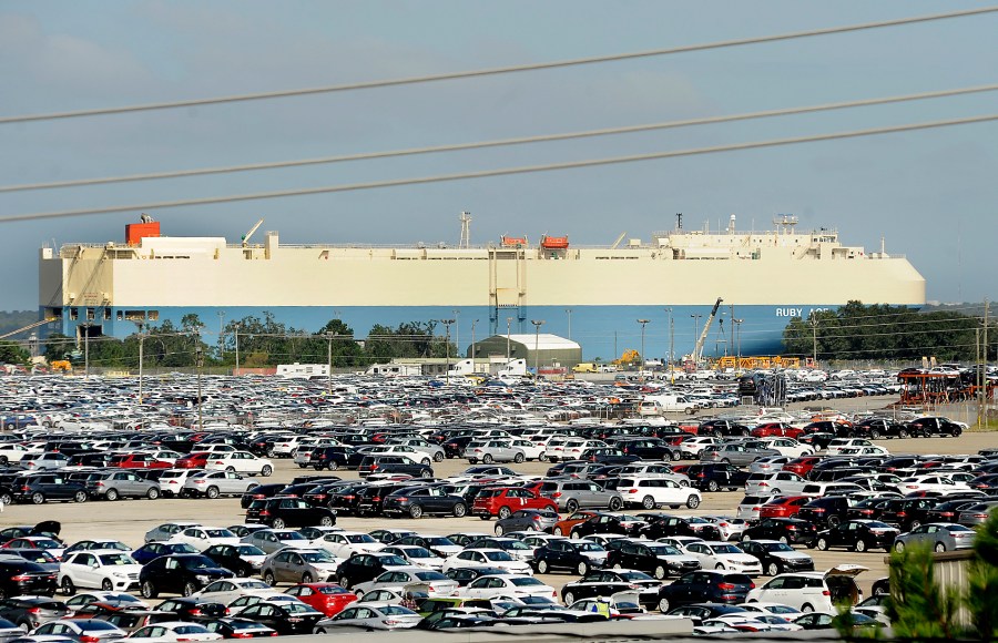 FILE - In this Oct. 20, 2015 file photo, new automobiles being shipped through the Port of Brunswick sit in a vast parking lot at the Colonel's Island terminal in Brunswick, Ga. The Georgia Ports Authority says it handled a record number of automobiles on its docks last year. The state agency reported Tuesday, Jan. 30, 2024 that more than 775,000 autos and heavy machinery units moved through the Port of Brunswick in the 2023 calendar year. (Bobby Haven/The Brunswick News via AP, file)