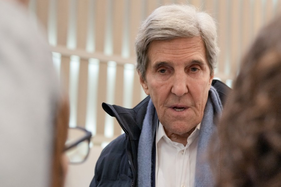 John Kerry, U.S. Special Presidential Envoy for Climate arrives to attend the Annual Meeting of World Economic Forum in Davos, Switzerland, Tuesday, Jan. 16, 2024. The annual meeting of the World Economic Forum is taking place in Davos from Jan. 15 until Jan. 19, 2024.(AP Photo/Markus Schreiber)