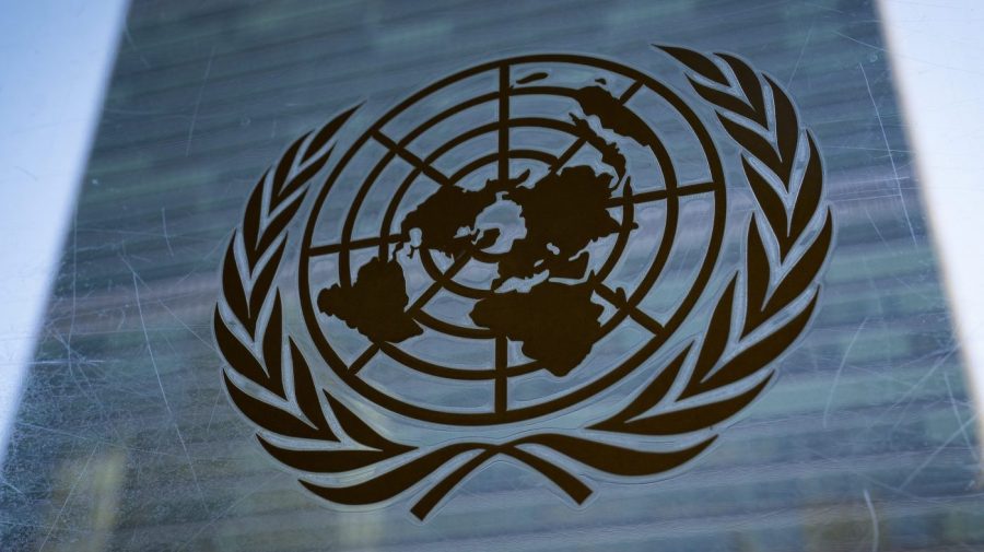 The United Nations logo is see on a building.