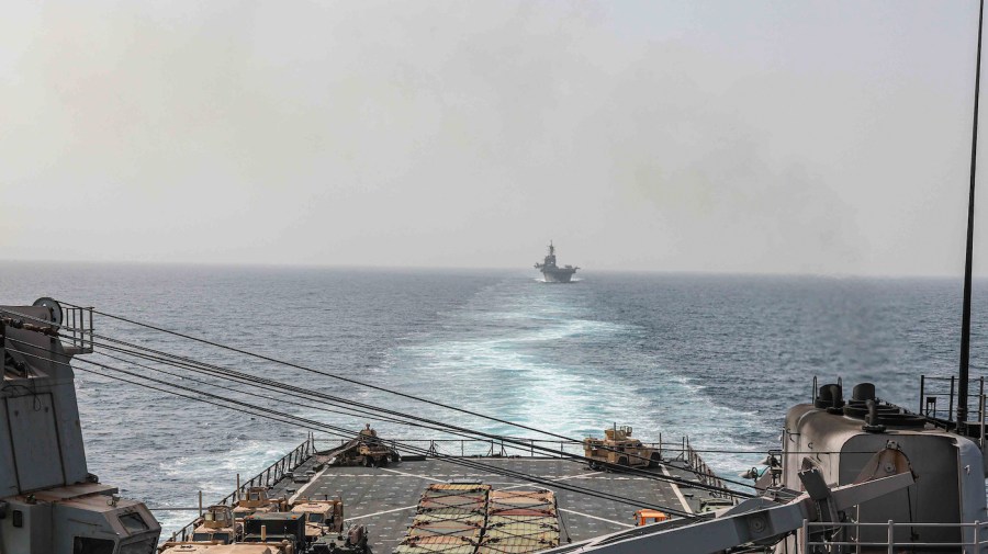 An the amphibious dock landing ship is seen at sea.