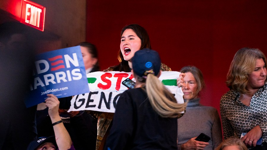 A protester in support of Palestine disrupts President Biden during a campaign event