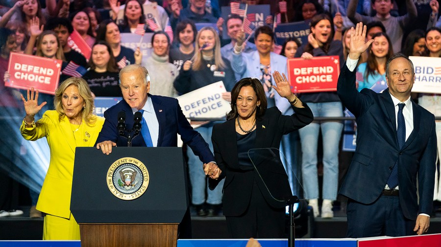 First lady Jill Biden, President Biden, Vice President Harris and Doug Emhoff greets supporters following an event