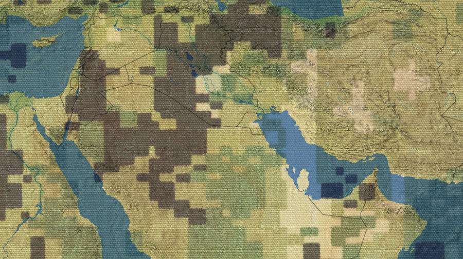 Military textiles is superimposed on a map of Iran and the Middle East.