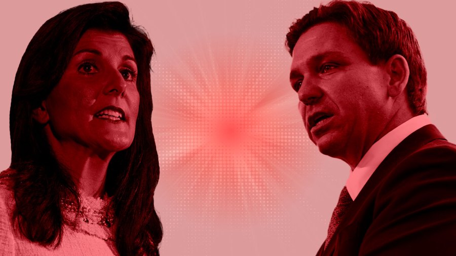 Nikki Haley and Ron DeSantis are pictured facing each other.