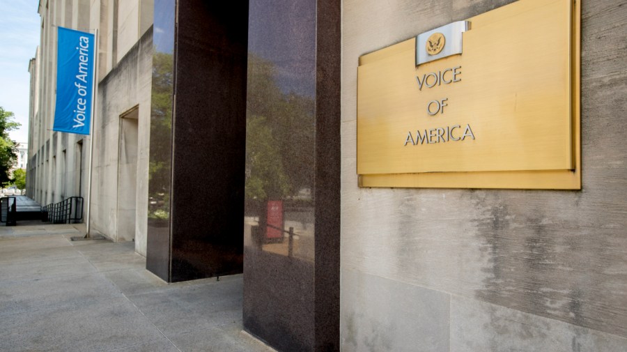 In this June 15, 2020, photo, The Voice of America building in Washington.